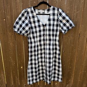 LOFT Black White Gingham Linen Blend Puff Sleeve Button Front Dress Size 4